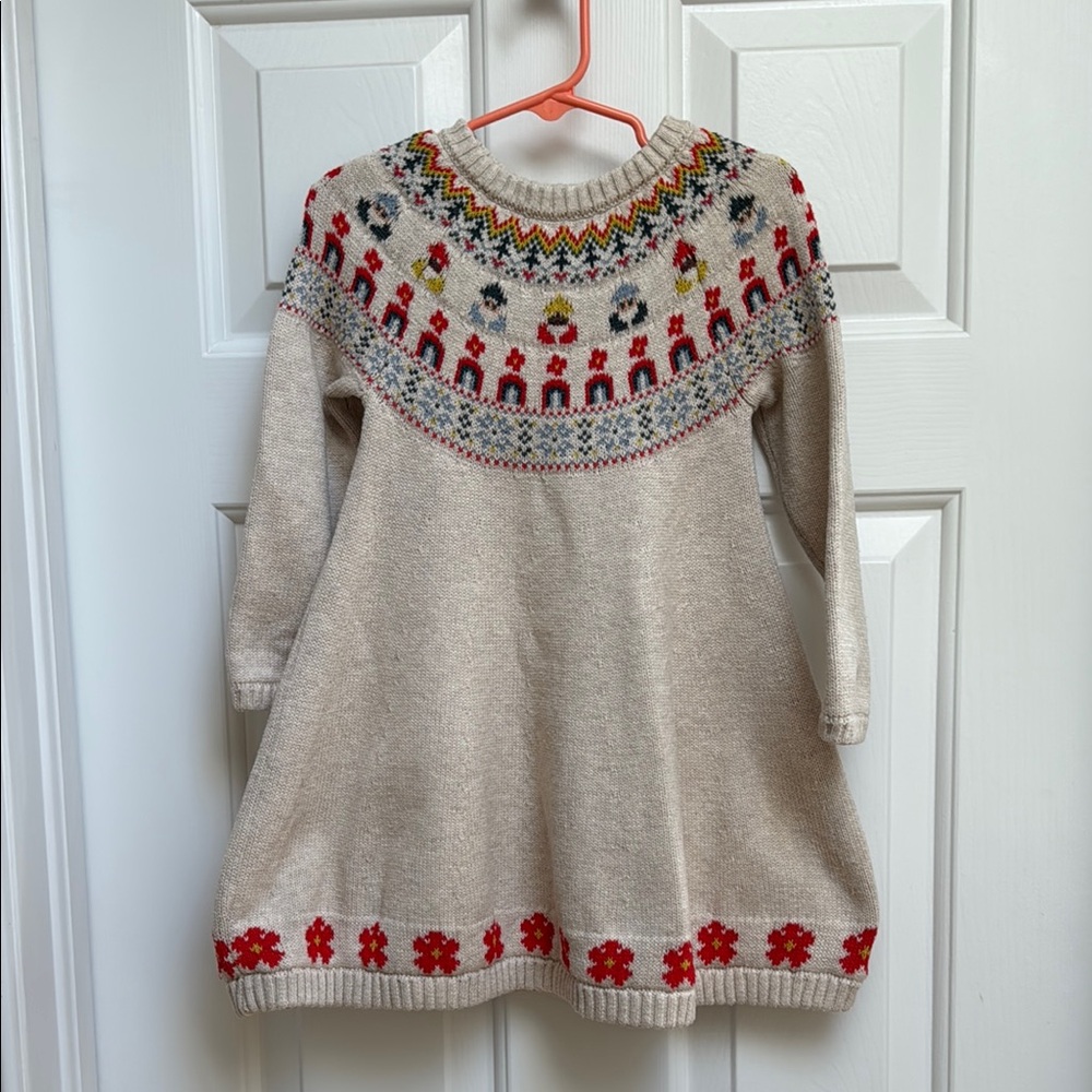 Hanna Andersson Cream and Red Knit Dress with gnomes 3T